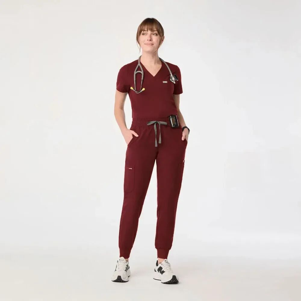 FIGS Burgundy Maroon Zamora Jogger Pants Casma Pocket Scrub Top Set XS/XXS